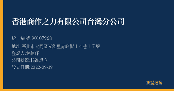 香港商作之力有限公司台灣分公司的照片-統編 90107968(臺北市) 公司登記資料與營業項目詳細圖表