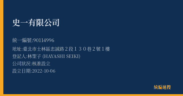 史一有限公司的照片-統編 90114996(臺北市) 公司登記資料與營業項目詳細圖表