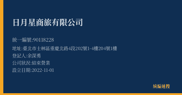 日月星商旅有限公司的照片-統編 90118228(臺北市) 公司登記資料與營業項目詳細圖表