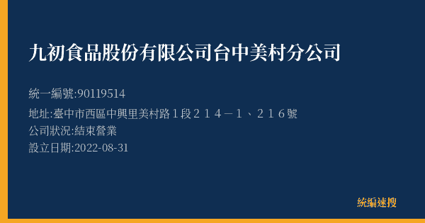 九初食品股份有限公司台中美村分公司的照片-統編 90119514(臺中市) 公司登記資料與營業項目詳細圖表
