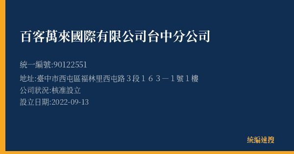 百客萬來國際有限公司台中分公司的照片-統編 90122551(臺中市) 公司登記資料與營業項目詳細圖表