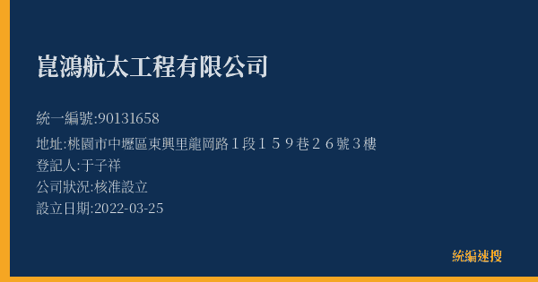 崑鴻航太工程有限公司的照片-統編 90131658(桃園市) 公司登記資料與營業項目詳細圖表