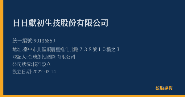 日日獻初生技股份有限公司的照片-統編 90136859(臺中市) 公司登記資料與營業項目詳細圖表