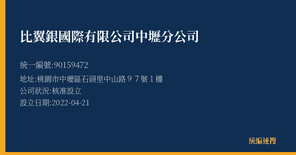 比翼銀國際有限公司中壢分公司的照片-統編 90159472(桃園市) 公司登記資料與營業項目詳細圖表