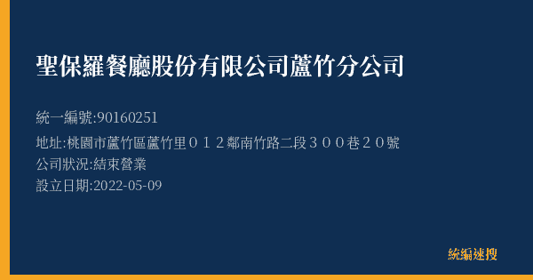 聖保羅餐廳股份有限公司蘆竹分公司的照片-統編 90160251(桃園市) 公司登記資料與營業項目詳細圖表