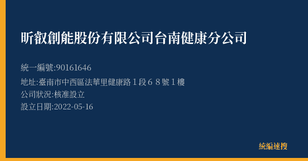 昕叡創能股份有限公司台南健康分公司的照片-統編 90161646(臺南市) 公司登記資料與營業項目詳細圖表
