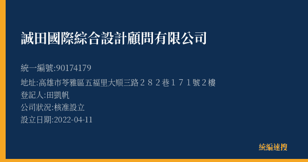 誠田國際綜合設計顧問有限公司的照片-統編 90174179(高雄市) 公司登記資料與營業項目詳細圖表