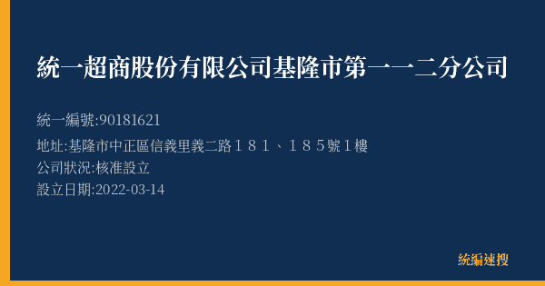 統一超商股份有限公司基隆市第一一二分公司的照片-統編 90181621(基隆市) 公司登記資料與營業項目詳細圖表