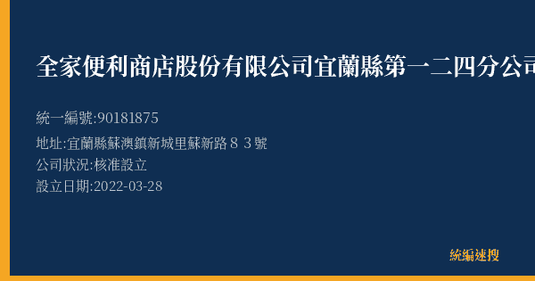 全家便利商店股份有限公司宜蘭縣第一二四分公司的照片-統編 90181875(宜蘭縣) 公司登記資料與營業項目詳細圖表