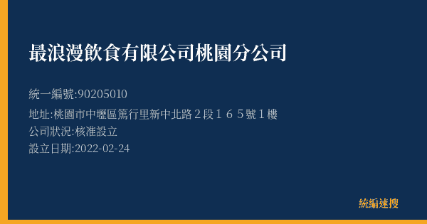 最浪漫飲食有限公司桃園分公司的照片-統編 90205010(桃園市) 公司登記資料與營業項目詳細圖表