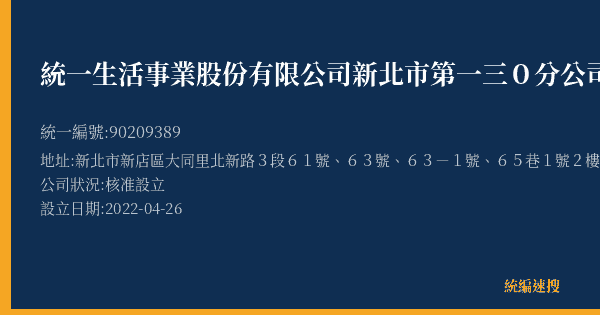統一生活事業股份有限公司新北市第一三0分公司的照片-統編 90209389(新北市) 公司登記資料與營業項目詳細圖表