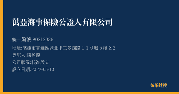 萬亞海事保險公證人有限公司的照片-統編 90212336(高雄市) 公司登記資料與營業項目詳細圖表