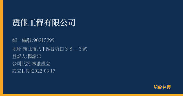 震佳工程有限公司的照片-統編 90215299(新北市) 公司登記資料與營業項目詳細圖表