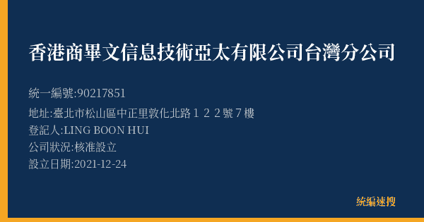 香港商畢文信息技術亞太有限公司台灣分公司的照片-統編 90217851(臺北市) 公司登記資料與營業項目詳細圖表