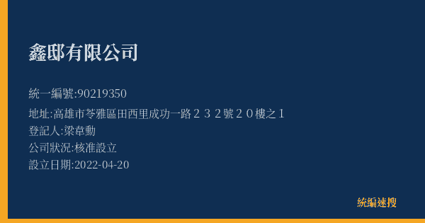 鑫邸有限公司的照片-統編 90219350(高雄市) 公司登記資料與營業項目詳細圖表