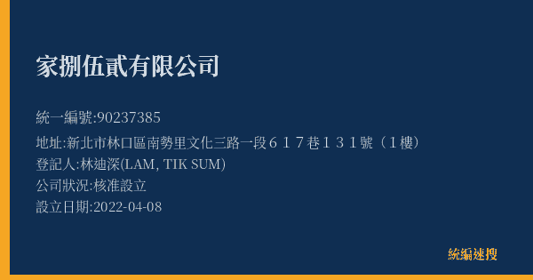 家捌伍貳有限公司的照片-統編 90237385(新北市) 公司登記資料與營業項目詳細圖表