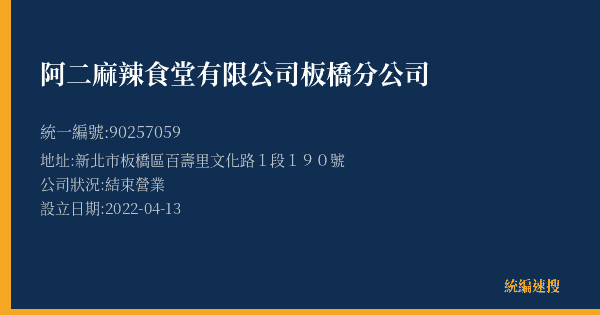阿二麻辣食堂有限公司板橋分公司的照片-統編 90257059(新北市) 公司登記資料與營業項目詳細圖表