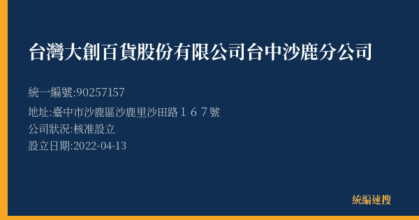 台灣大創百貨股份有限公司台中沙鹿分公司的照片-統編 90257157(臺中市) 公司登記資料與營業項目詳細圖表