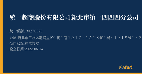 統一超商股份有限公司新北市第一四四四分公司的照片-統編 90270378(新北市) 公司登記資料與營業項目詳細圖表