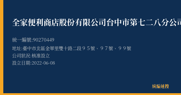全家便利商店股份有限公司台中市第七二八分公司的照片-統編 90270449(臺中市) 公司登記資料與營業項目詳細圖表