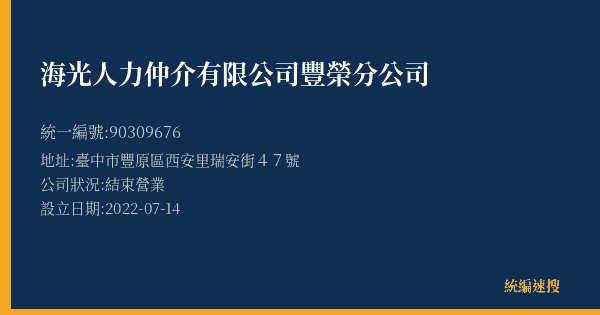 海光人力仲介有限公司豐榮分公司的照片-統編 90309676(臺中市) 公司登記資料與營業項目詳細圖表