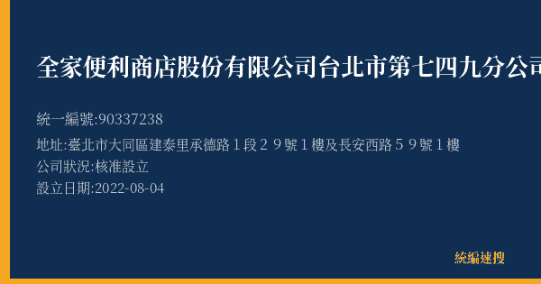 全家便利商店股份有限公司台北市第七四九分公司的照片-統編 90337238(臺北市) 公司登記資料與營業項目詳細圖表