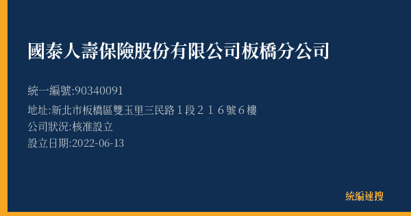 國泰人壽保險股份有限公司板橋分公司的照片-統編 90340091(新北市) 公司登記資料與營業項目詳細圖表