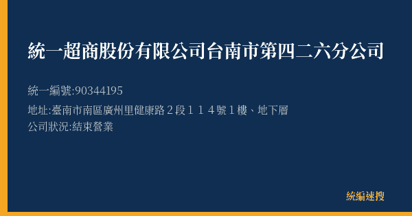 統一超商股份有限公司台南市第四二六分公司的照片-統編 90344195(臺南市) 公司登記資料與營業項目詳細圖表
