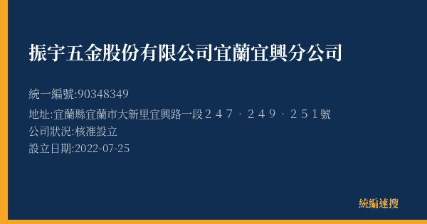 振宇五金股份有限公司宜蘭宜興分公司的照片-統編 90348349(宜蘭縣) 公司登記資料與營業項目詳細圖表