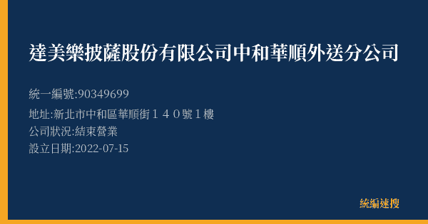 達美樂披薩股份有限公司中和華順外送分公司的照片-統編 90349699(新北市) 公司登記資料與營業項目詳細圖表