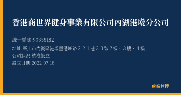 香港商世界健身事業有限公司內湖港墘分公司的照片-統編 90358182(臺北市) 公司登記資料與營業項目詳細圖表