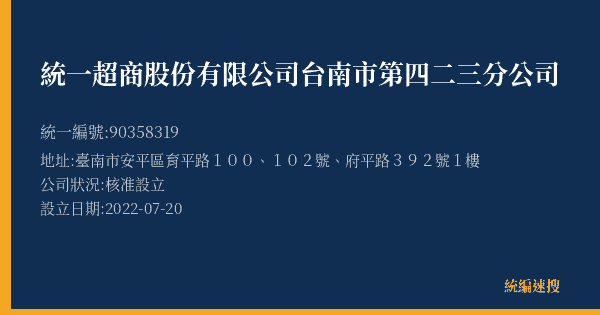 統一超商股份有限公司台南市第四二三分公司的照片-統編 90358319(臺南市) 公司登記資料與營業項目詳細圖表