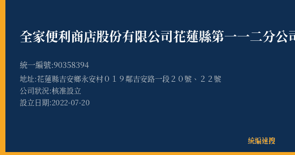 全家便利商店股份有限公司花蓮縣第一一二分公司的照片-統編 90358394(花蓮縣) 公司登記資料與營業項目詳細圖表
