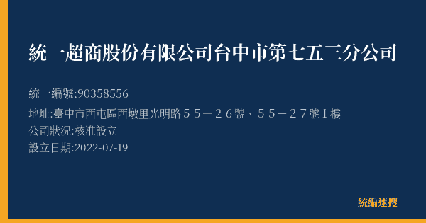 統一超商股份有限公司台中市第七五三分公司的照片-統編 90358556(臺中市) 公司登記資料與營業項目詳細圖表
