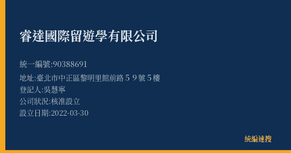 睿達國際留遊學有限公司的照片-統編 90388691(臺北市) 公司登記資料與營業項目詳細圖表