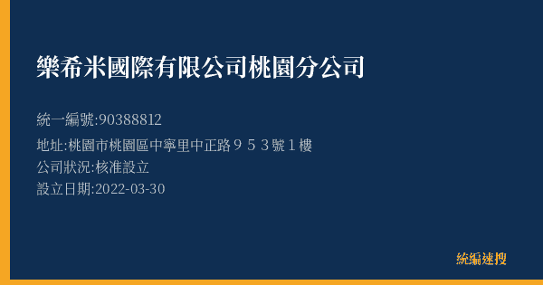 樂希米國際有限公司桃園分公司的照片-統編 90388812(桃園市) 公司登記資料與營業項目詳細圖表