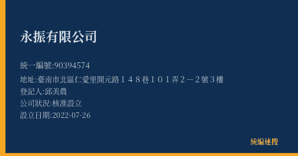 永振有限公司的照片-統編 90394574(臺南市) 公司登記資料與營業項目詳細圖表