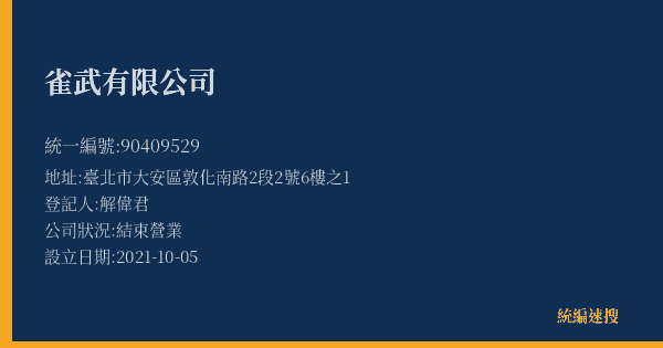 雀武有限公司的照片-統編 90409529(臺北市) 公司登記資料與營業項目詳細圖表