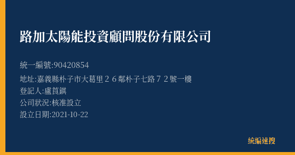 路加太陽能投資顧問股份有限公司的照片-統編 90420854(嘉義縣) 公司登記資料與營業項目詳細圖表