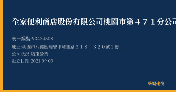全家便利商店股份有限公司桃園市第471分公司的照片-統編 90424508(桃園市) 公司登記資料與營業項目詳細圖表