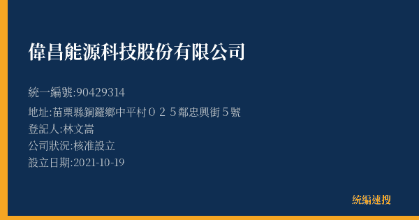 偉昌能源科技股份有限公司的照片-統編 90429314(苗栗縣) 公司登記資料與營業項目詳細圖表