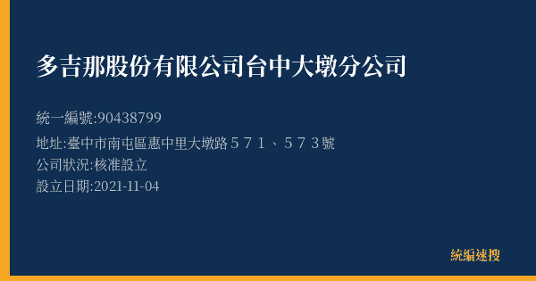 多吉那股份有限公司台中大墩分公司的照片-統編 90438799(臺中市) 公司登記資料與營業項目詳細圖表