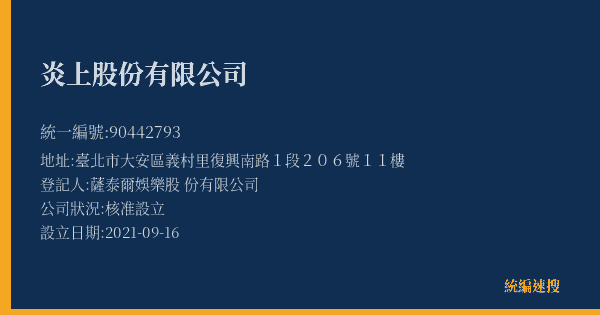 炎上股份有限公司的照片-統編 90442793(臺北市) 公司登記資料與營業項目詳細圖表