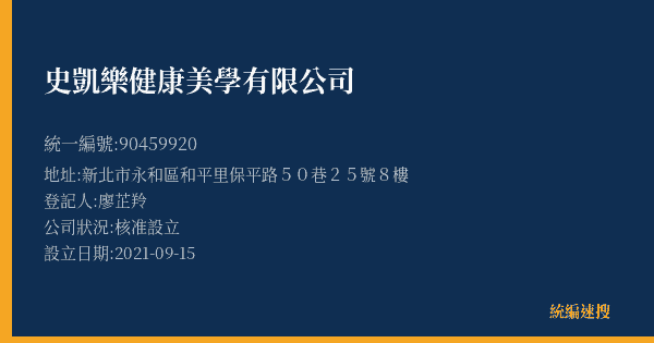 史凱樂健康美學有限公司的照片-統編 90459920(新北市) 公司登記資料與營業項目詳細圖表
