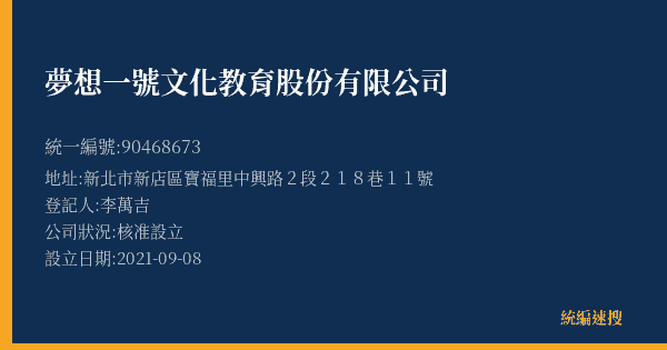 夢想一號文化教育股份有限公司的照片-統編 90468673(新北市) 公司登記資料與營業項目詳細圖表
