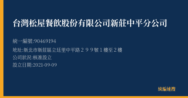 台灣松屋餐飲股份有限公司新莊中平分公司的照片-統編 90469194(新北市) 公司登記資料與營業項目詳細圖表