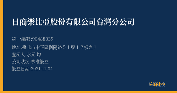 日商樂比亞股份有限公司台灣分公司的照片-統編 90488039(臺北市) 公司登記資料與營業項目詳細圖表
