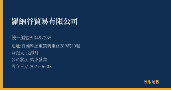 羅納谷貿易有限公司的照片-統編 90497255(宜蘭縣) 公司登記資料與營業項目詳細圖表