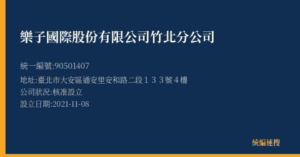 樂子國際股份有限公司竹北分公司的照片-統編 90501407(臺北市) 公司登記資料與營業項目詳細圖表