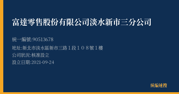 富達零售股份有限公司淡水新市三分公司的照片-統編 90513678(新北市) 公司登記資料與營業項目詳細圖表